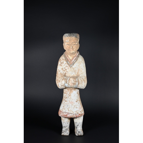 367 - A Chinese pottery funerary figure in the Han dynasty style, 32 cm high to/w to/w a Ming style green ... 