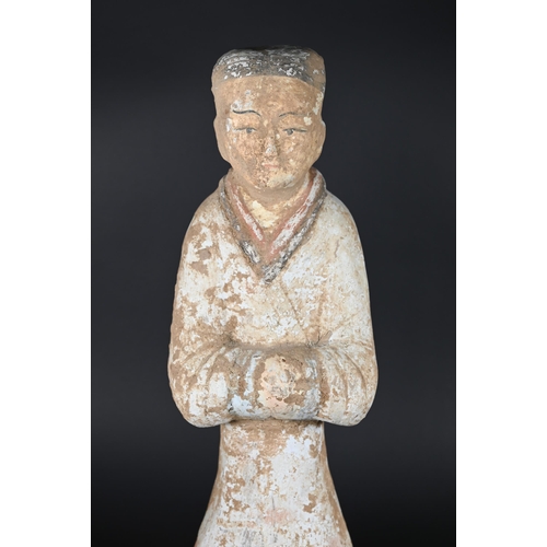 367 - A Chinese pottery funerary figure in the Han dynasty style, 32 cm high to/w to/w a Ming style green ... 