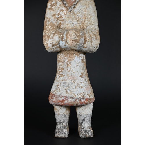 367 - A Chinese pottery funerary figure in the Han dynasty style, 32 cm high to/w to/w a Ming style green ... 