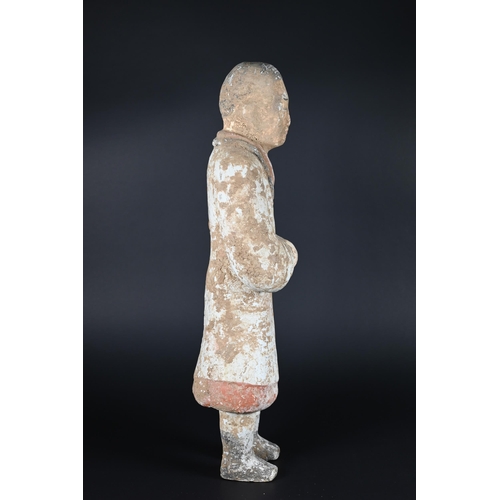 367 - A Chinese pottery funerary figure in the Han dynasty style, 32 cm high to/w to/w a Ming style green ... 