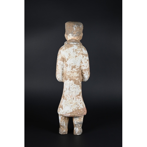 367 - A Chinese pottery funerary figure in the Han dynasty style, 32 cm high to/w to/w a Ming style green ... 