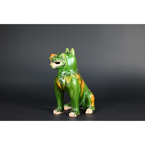 369 - A pair of Chinese Tang style sancai glazed earthenware seated dogs, 19 cm high to/w a pair of Buddhi... 