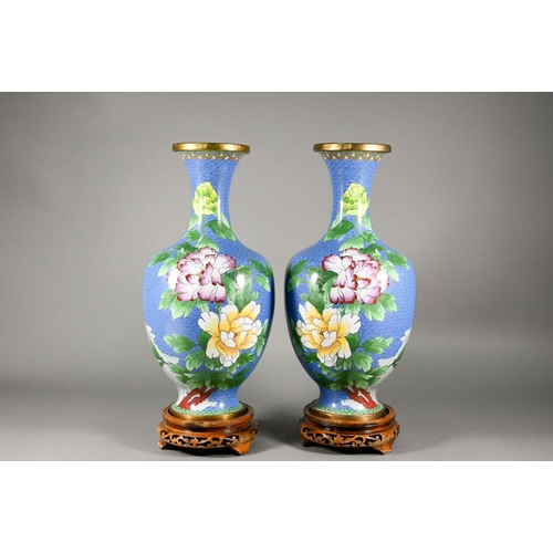 371 - A pair of 20th century Chinese cloisonne baluster vases decorated with birds and flowers in polychro... 