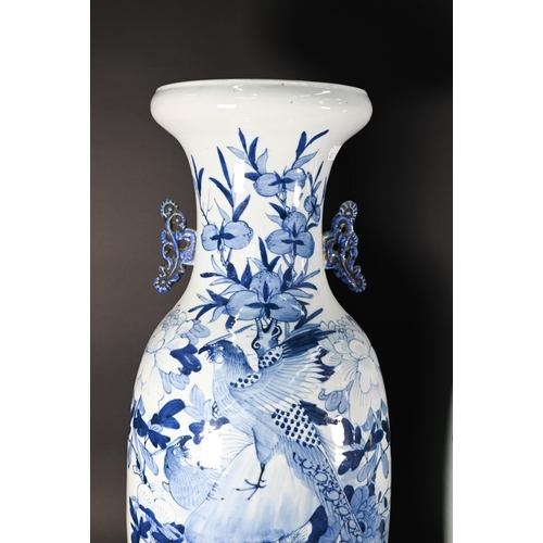 372 - A matched pair of large 19th century Chinese blue and white vases with applied archaistic handles, p... 