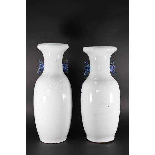 372 - A matched pair of large 19th century Chinese blue and white vases with applied archaistic handles, p... 