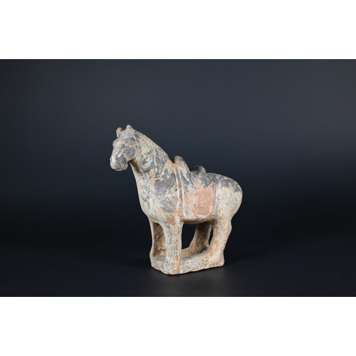 374 - A Chinese Tang style funerary/tomb figure of a horse with sancai glaze, 30 cm high to/w two smaller ... 