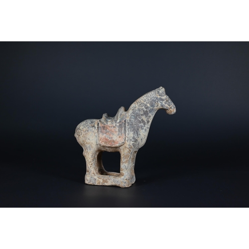 374 - A Chinese Tang style funerary/tomb figure of a horse with sancai glaze, 30 cm high to/w two smaller ... 