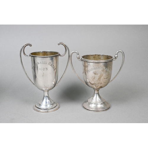 38 - Two silver trophy cups, 10.2oz, to/w three Indian Colonial cups stamped 'Orr Silver 23' and another ... 