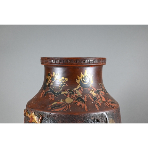 386 - A large early 20th century Japanese Tokoname redware vase decorated with a high relief and stippled ... 