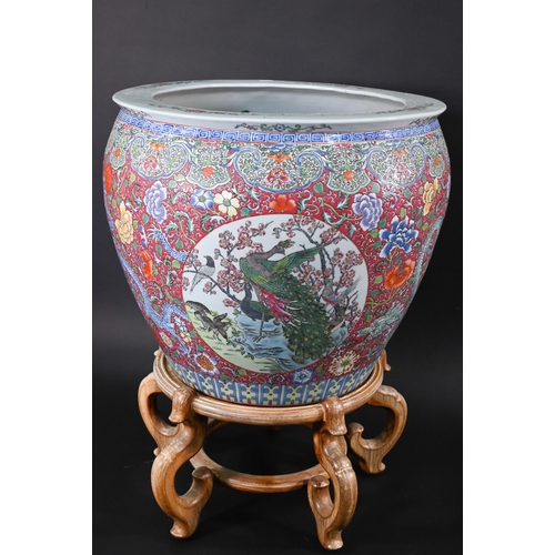 389 - A large Chinese famille rose fish bowl or jardiniere, painted in bright polychrome enamels with thre... 