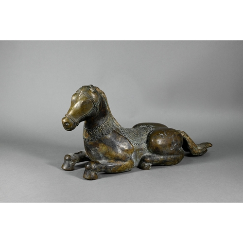 392 - A Chinese bronze recumbent horse sculpture (a/f) 50 cm w x 23 cm hMissing ears, splits to base... 