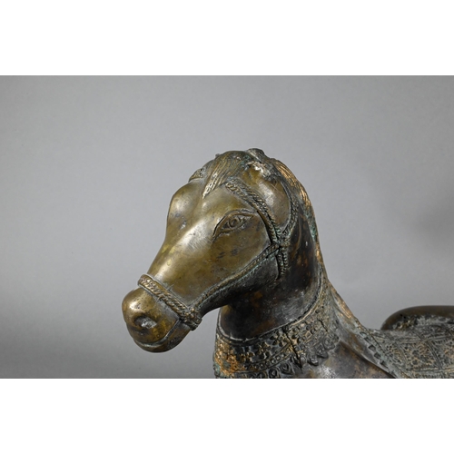 392 - A Chinese bronze recumbent horse sculpture (a/f) 50 cm w x 23 cm hMissing ears, splits to base... 