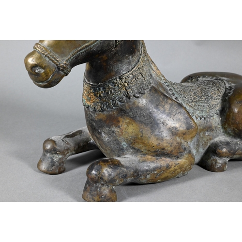 392 - A Chinese bronze recumbent horse sculpture (a/f) 50 cm w x 23 cm hMissing ears, splits to base... 