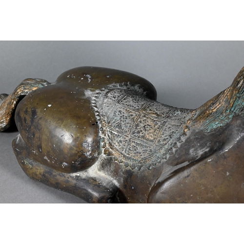 392 - A Chinese bronze recumbent horse sculpture (a/f) 50 cm w x 23 cm hMissing ears, splits to base... 