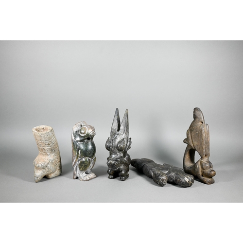 394 - Five various Chinese hardstone demon and mythical beast carvings in the Neolithic/Hongshan manner, l... 