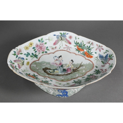 396 - A 19th century Chinese famille rose stemmed dish painted with figures, flowers, butterflies and bats... 