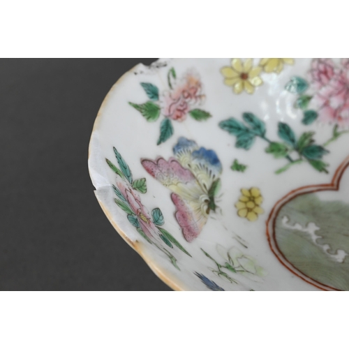 396 - A 19th century Chinese famille rose stemmed dish painted with figures, flowers, butterflies and bats... 