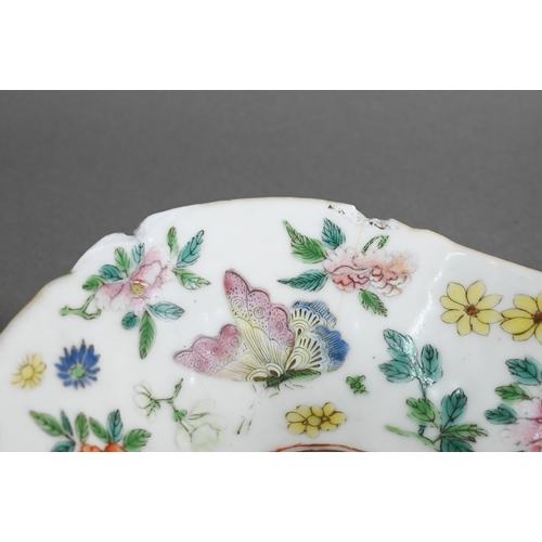 396 - A 19th century Chinese famille rose stemmed dish painted with figures, flowers, butterflies and bats... 