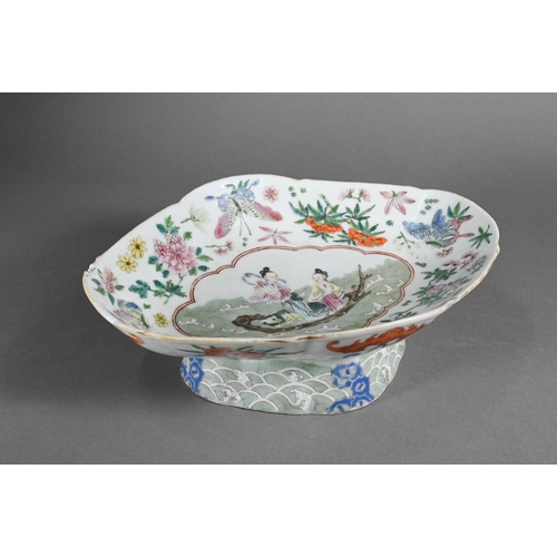 396 - A 19th century Chinese famille rose stemmed dish painted with figures, flowers, butterflies and bats... 