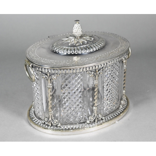 4 - A good quality electroplated and cut glass oval biscuit box with pineapple finial and bright-cut dec... 