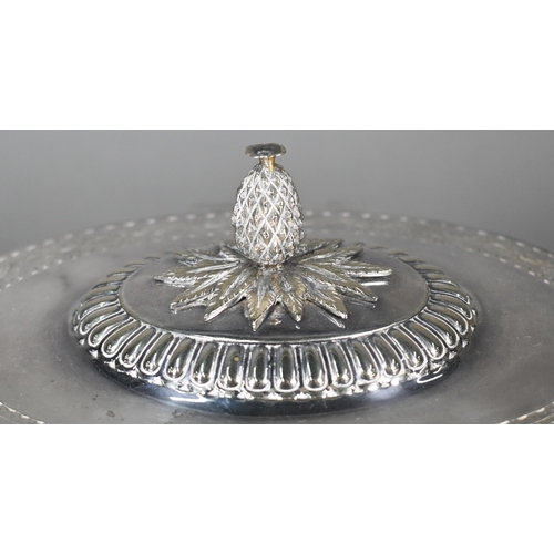 4 - A good quality electroplated and cut glass oval biscuit box with pineapple finial and bright-cut dec... 