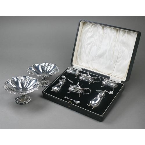 42 - A cased silver six-piece condiment set, Adie Brothers Ltd., Birmingham 1929, to/w a pair of pierced ... 