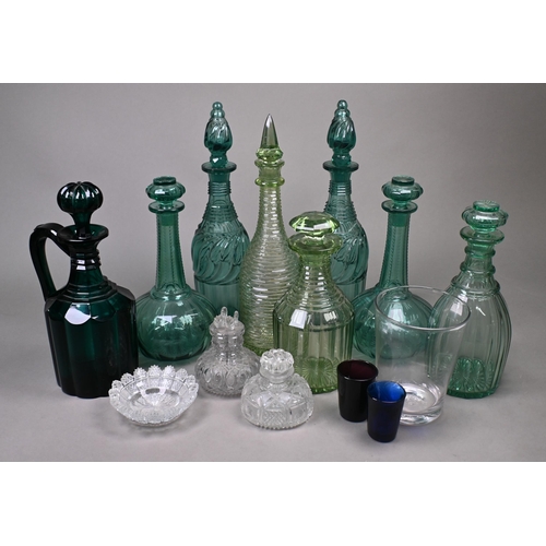 420 - Two pairs of 19th century green cut glass decanters and four single examples, to/w a cut glass segme... 