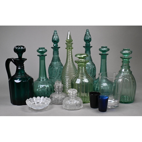 420 - Two pairs of 19th century green cut glass decanters and four single examples, to/w a cut glass segme... 