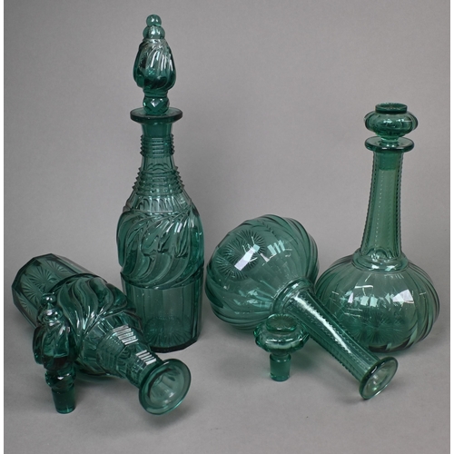 420 - Two pairs of 19th century green cut glass decanters and four single examples, to/w a cut glass segme... 