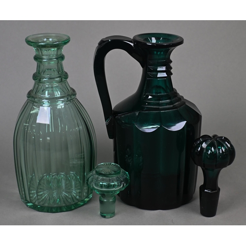 420 - Two pairs of 19th century green cut glass decanters and four single examples, to/w a cut glass segme... 