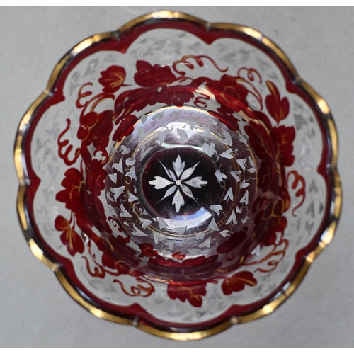 421 - A pair of 19th century continental ruby flash decanters with vine-etched decoration, 19.5 cm, to/w a... 