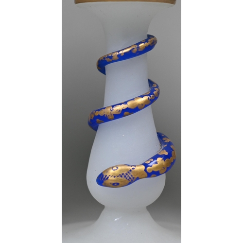 422 - A 19th century Venetian frosted glass jug of baluster form with blue and gilt winding 'snake' handle... 