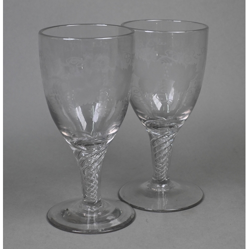 424 - A large pair of antique vine-etched goblets with airtwist stems and flamed foot with pontil mark (2)