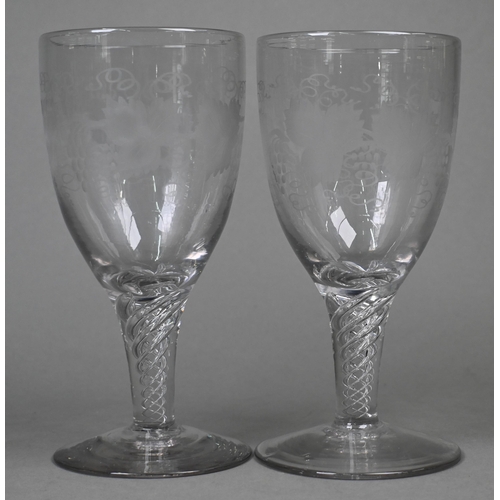 424 - A large pair of antique vine-etched goblets with airtwist stems and flamed foot with pontil mark (2)