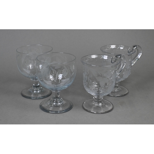 426 - A pair of 19th century ale glasses, finely etched with hops and barley and 'MRL' monogram, on balust... 