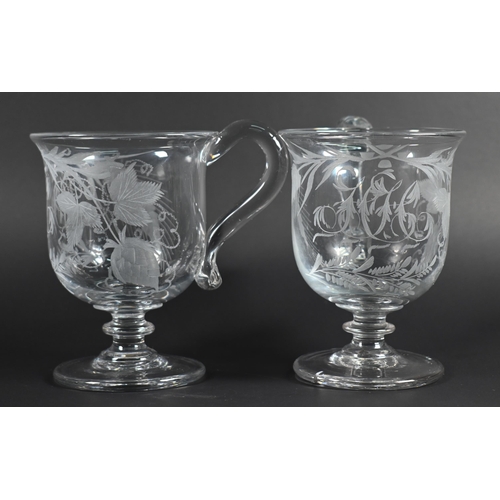 426 - A pair of 19th century ale glasses, finely etched with hops and barley and 'MRL' monogram, on balust... 