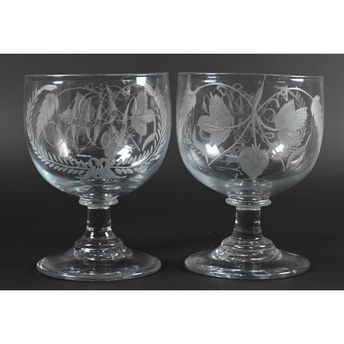 426 - A pair of 19th century ale glasses, finely etched with hops and barley and 'MRL' monogram, on balust... 