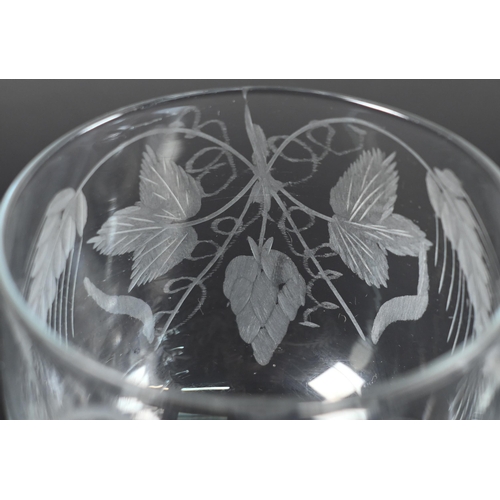 426 - A pair of 19th century ale glasses, finely etched with hops and barley and 'MRL' monogram, on balust... 