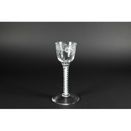 430 - A Georgian cordial glass with floral etched tapering bowl on opaque twist stem and conical foot with... 