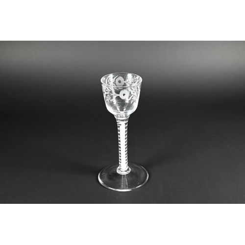 430 - A Georgian cordial glass with floral etched tapering bowl on opaque twist stem and conical foot with... 