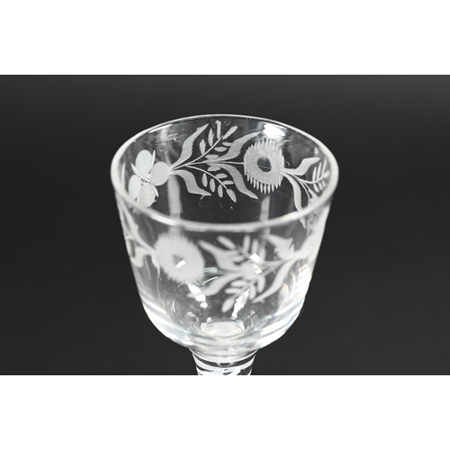 430 - A Georgian cordial glass with floral etched tapering bowl on opaque twist stem and conical foot with... 