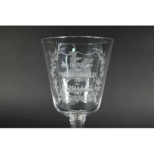 431 - A commemorative glass goblet, etched with equestrian portrait of the Duke of Marlborough at Ramilles... 