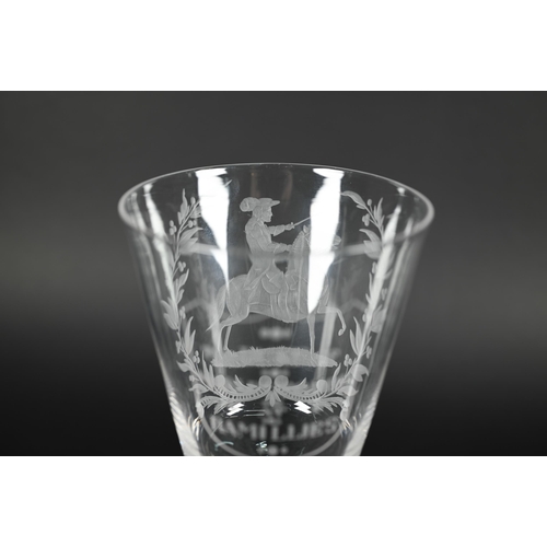 431 - A commemorative glass goblet, etched with equestrian portrait of the Duke of Marlborough at Ramilles... 