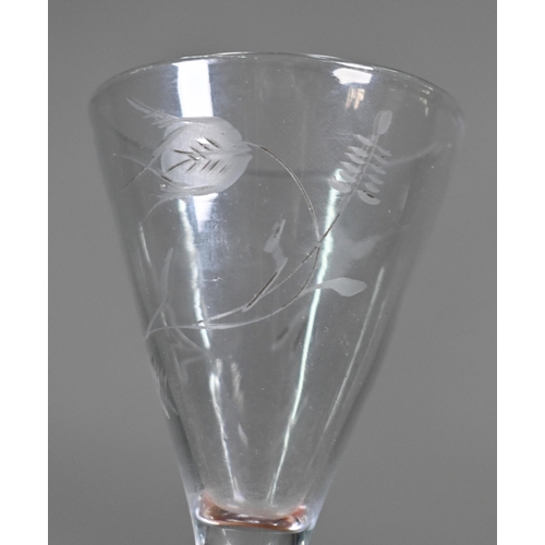 431A - Jacobite interest: a Georgian drinking glass, the conical bowl wheel-etched with rosebud and bird, o... 