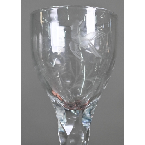 431A - Jacobite interest: a Georgian drinking glass, the conical bowl wheel-etched with rosebud and bird, o... 