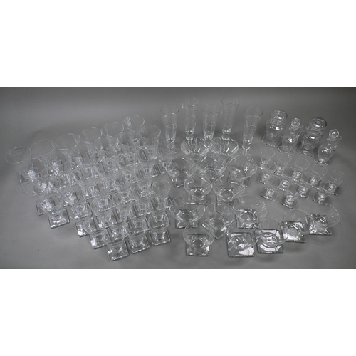 442 - An extensive suite of Webb Art Deco drinking glasses with angular cut design, conical bowls on squar... 