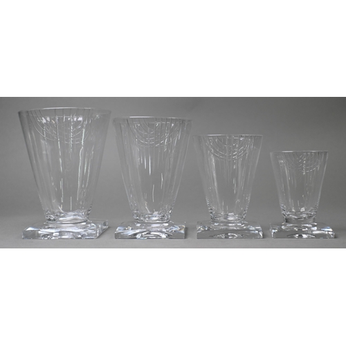 442 - An extensive suite of Webb Art Deco drinking glasses with angular cut design, conical bowls on squar... 