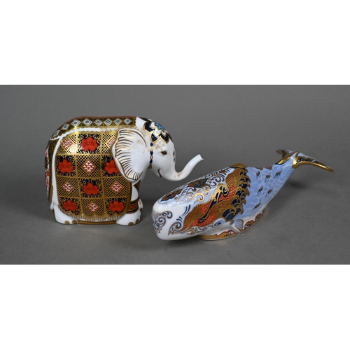 456 - Two Royal Crown Derby paperweights with gold stoppers, 'Oceanic Whale' (Collector's Guild) and 'Elep... 