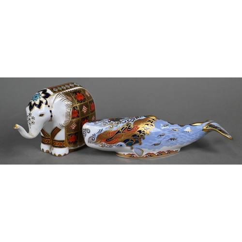 456 - Two Royal Crown Derby paperweights with gold stoppers, 'Oceanic Whale' (Collector's Guild) and 'Elep... 