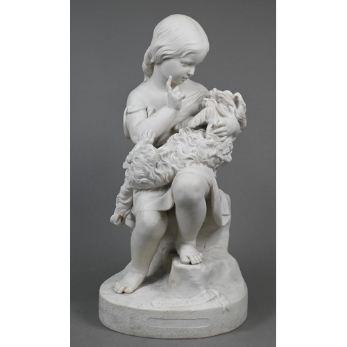 462 - A large Victorian Copeland Parian group of a child with dog, 'Go to Sleep' by J Durham 1862, 44 cm